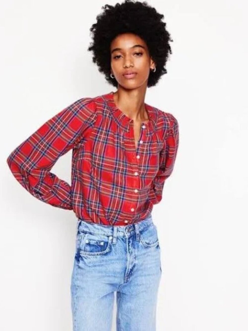 Boden Mae Cotton Smocked Blouse | Red Plaid |Women's 2 (US)